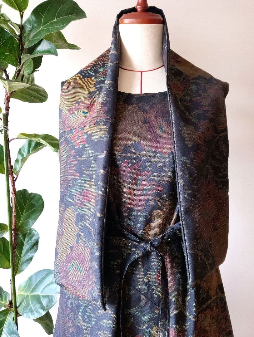 着物リメイク❀大島紬フレアーワンピース❀花柄ストール付き正絹ノースリーブ