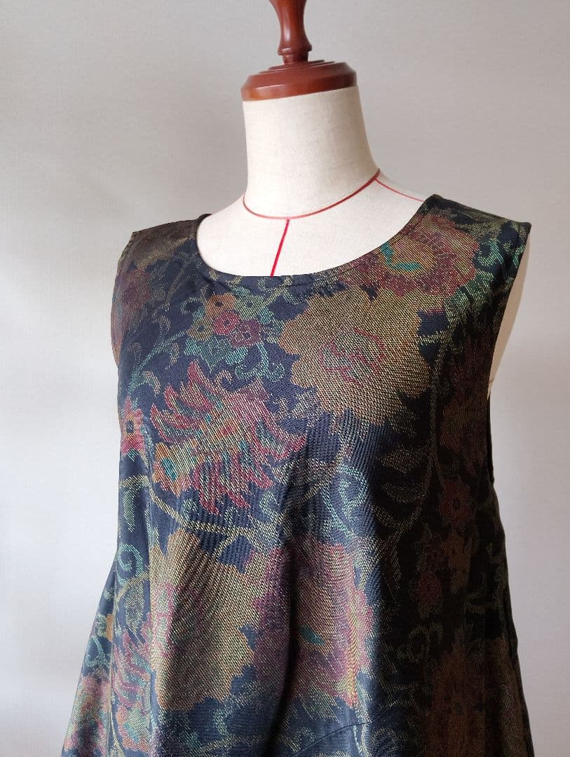 着物リメイク❀大島紬フレアーワンピース❀花柄ストール付き正絹ノースリーブ