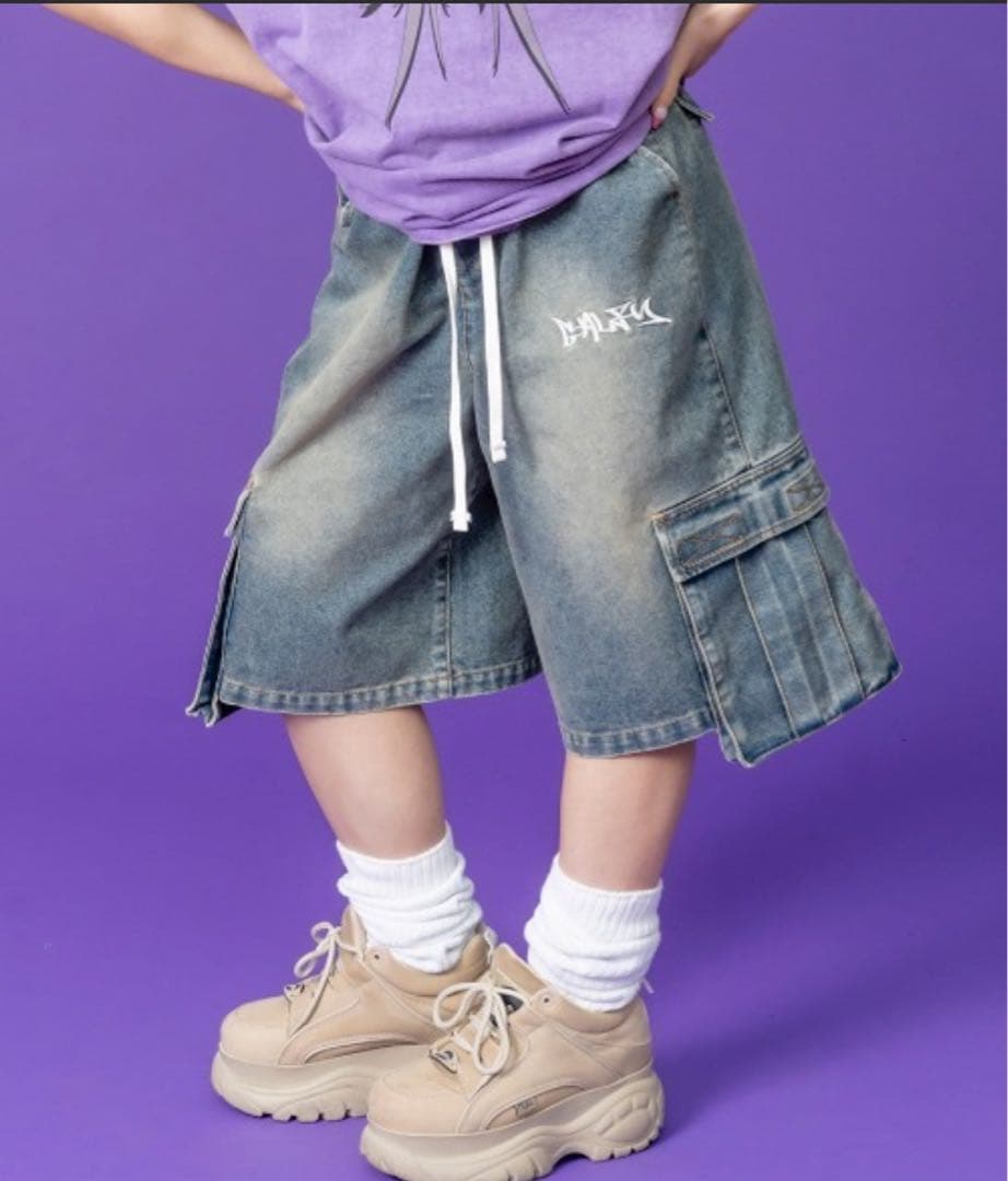 未使用タグ付 美品 GALFY デニムハーフパンツ ビッグロゴ ビンテージXL