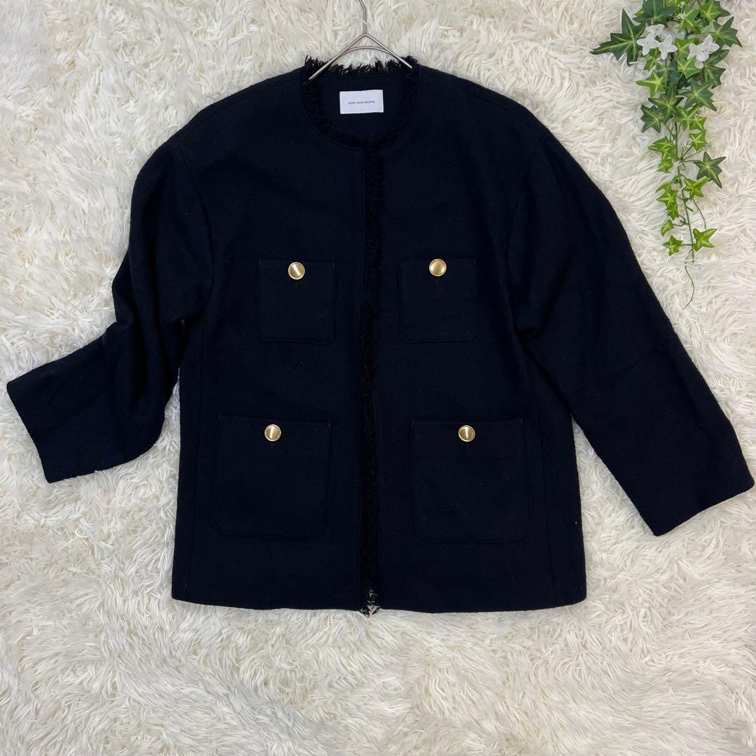 美品　グリーンレーベルリラクシング ツイード ノーカラー ジャケット 紺ブレ