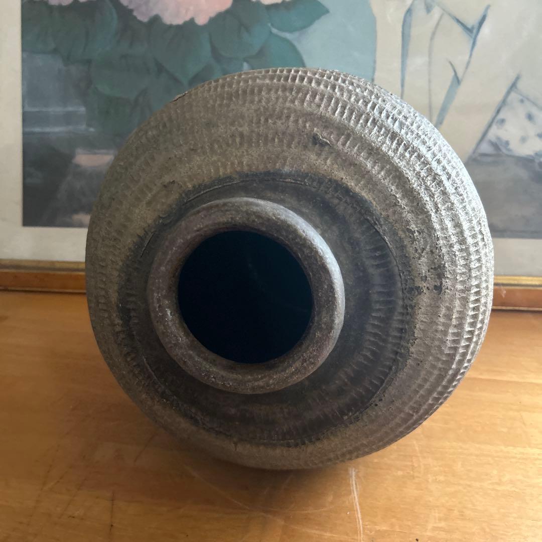 神楽焼　大壺　骨董品　ブロンズ色陶器の大きめの壺