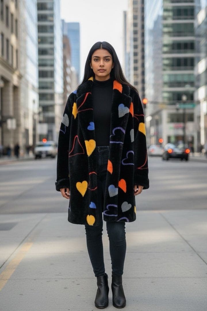 カラフルハート柄フェイクファーコート