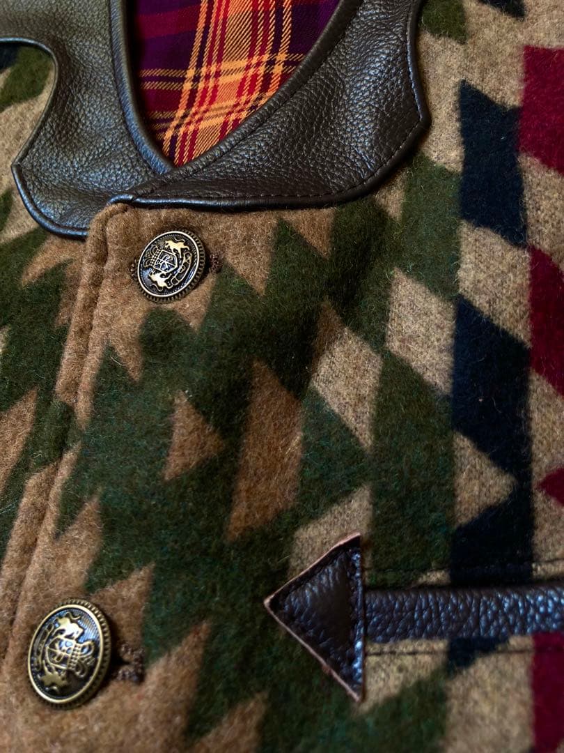 ウエスタン ナバホ柄 本革 ウール レザーベスト 新品 メンズ サイズL ￼