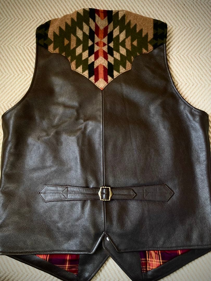 ウエスタン ナバホ柄 本革 ウール レザーベスト 新品 メンズ サイズL ￼