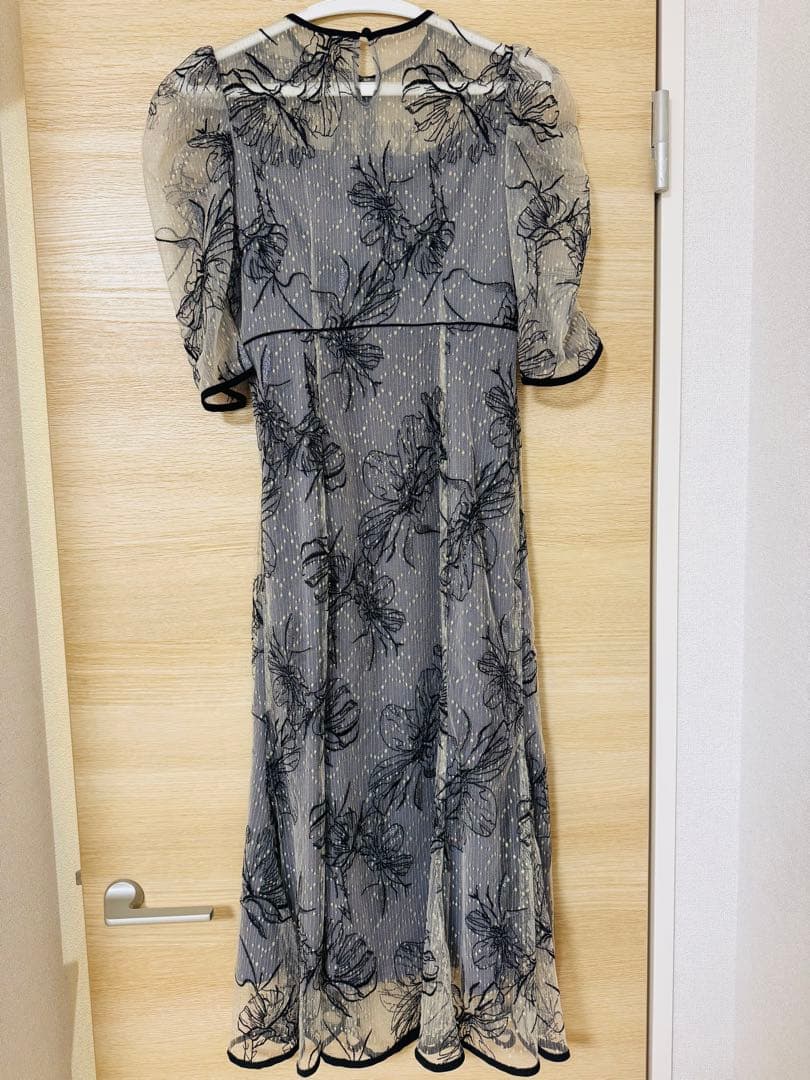 花柄リボンパフスリーブマーメイドワンピースドレス