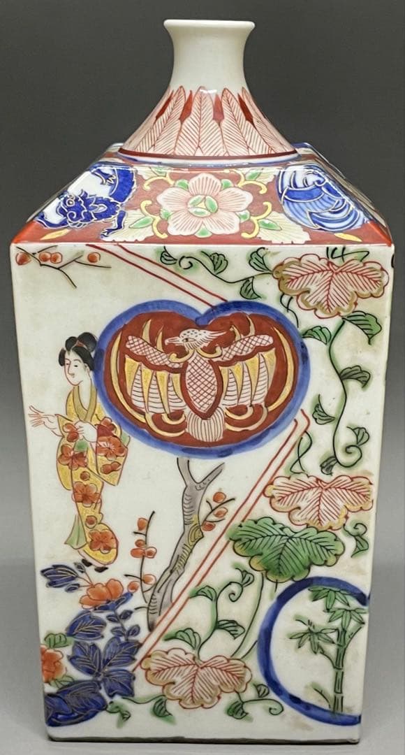 幸せウサギ　古伊万里　錦手　色絵美人角徳利　金彩　色絵　一輪挿し　v613