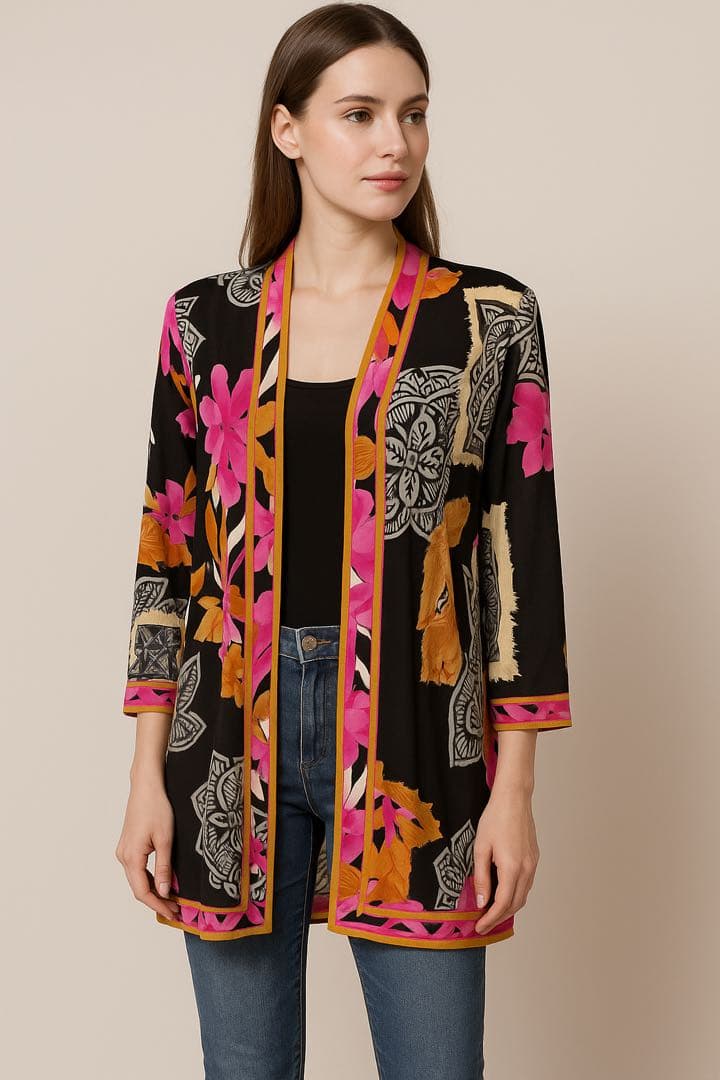 LEONARD ロングカーディガン トリム シルク100% ジャージミカド