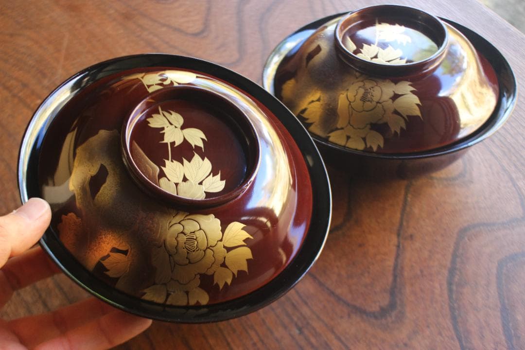 時代逸品！風情ある栗色漆に極上牡丹蝶蒔絵の映える大椀2点（検輪島塗蒔絵椀雑煮椀