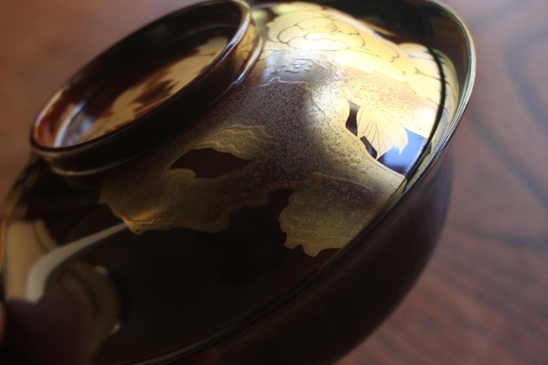 時代逸品！風情ある栗色漆に極上牡丹蝶蒔絵の映える大椀2点（検輪島塗蒔絵椀雑煮椀