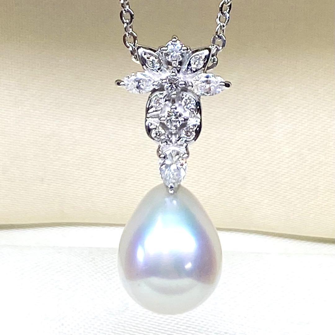 美品☆K18 WG☆銀座ミワ☆白蝶南洋真珠オーロラフェニックス×絶品ダイヤトップ