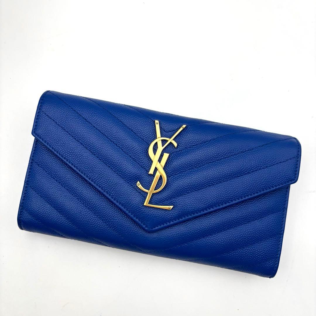 【極美品】サンローラン 長財布 ブルー Vステッチ キャビアスキン YSL
