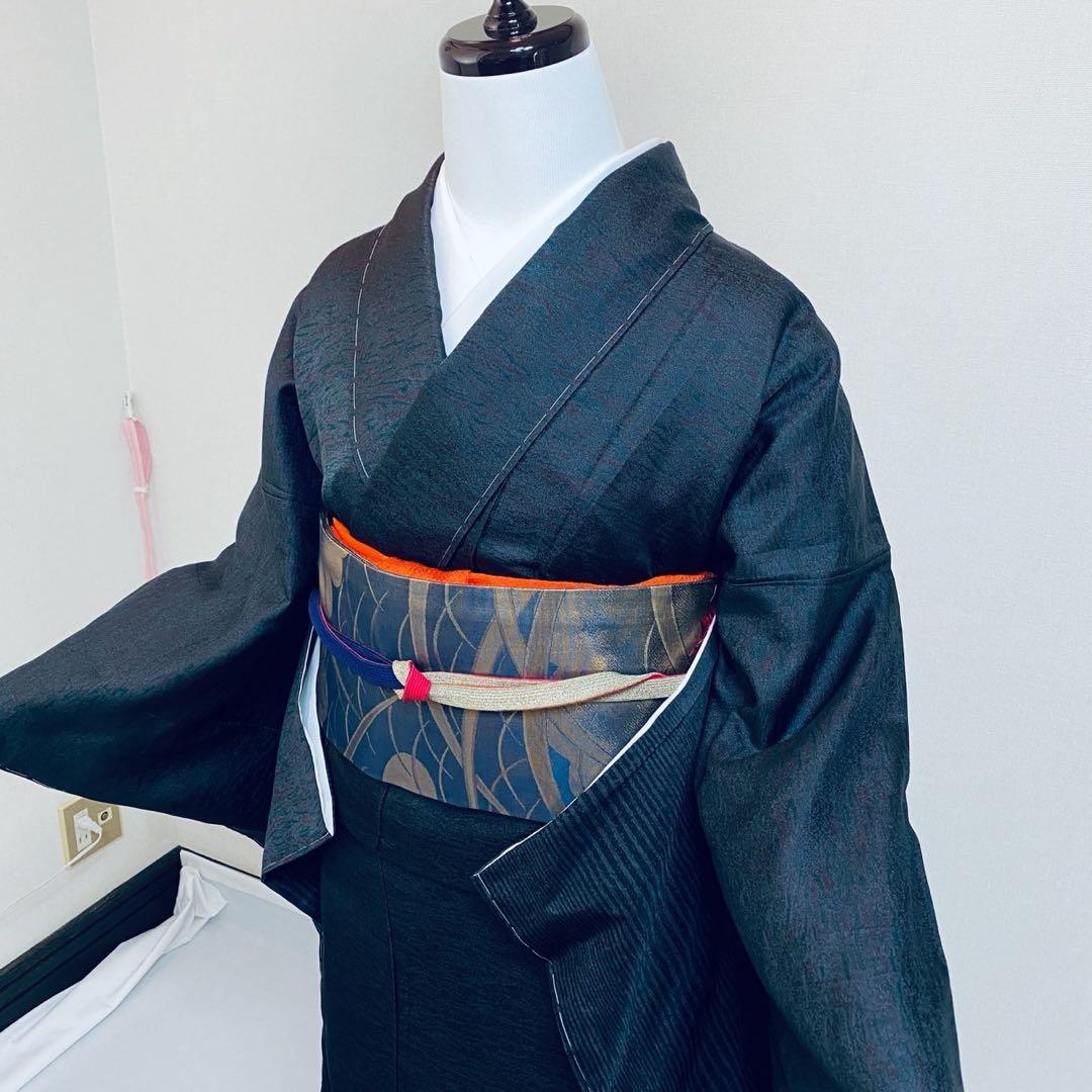 マ　十日町紬系 紬 着物　深色 先染め紬 訪問着　フルセット 普段着　美品　新品