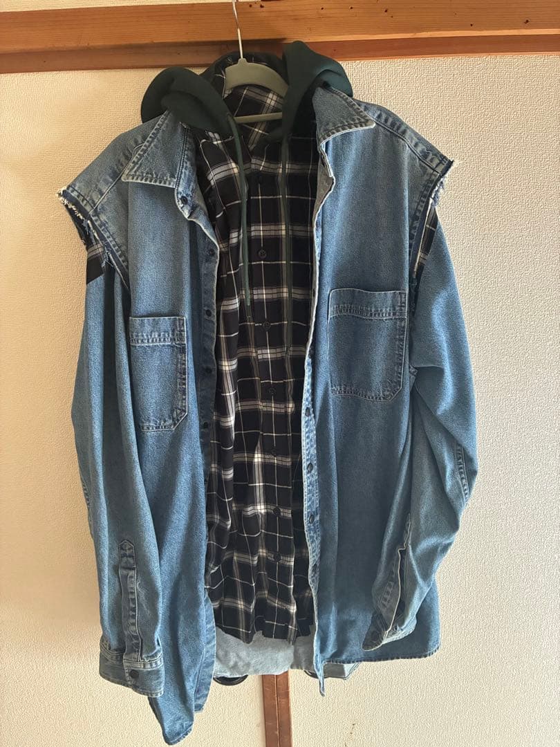 BALENCIAGAバレンシアガツインセット レイヤードデニム切替チェックシャツ