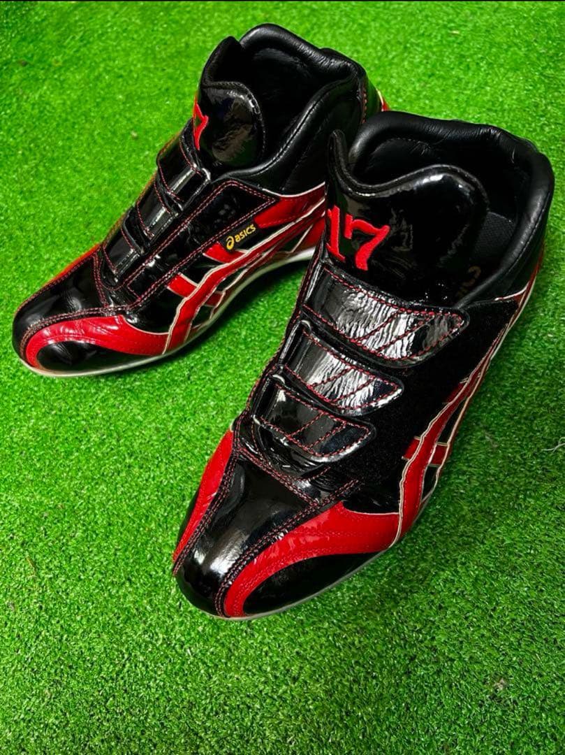 アシックス オーダー スパイク 26cm W 樹脂 ブラック レッド 刺繍 野球