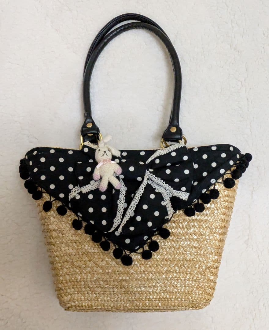 Angelic Pretty かごバッグ 黒 白水玉 編みぐるみ付き