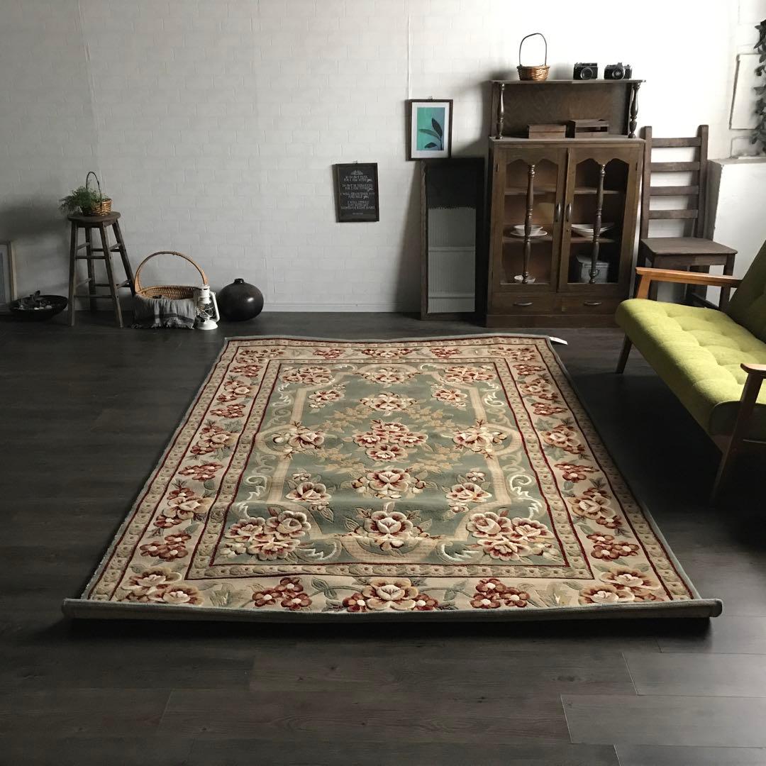 花柄 和風 ラグ ラグマット 段通 絨毯170×240cm グリーン