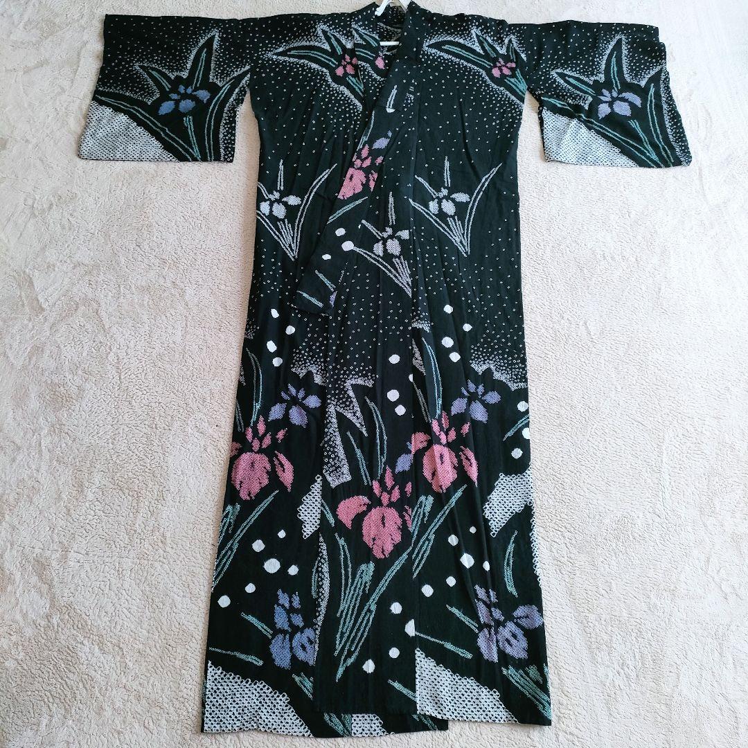 【手絞り浴衣】黒地 花柄 有松絞り 綿素材 レトロモダン