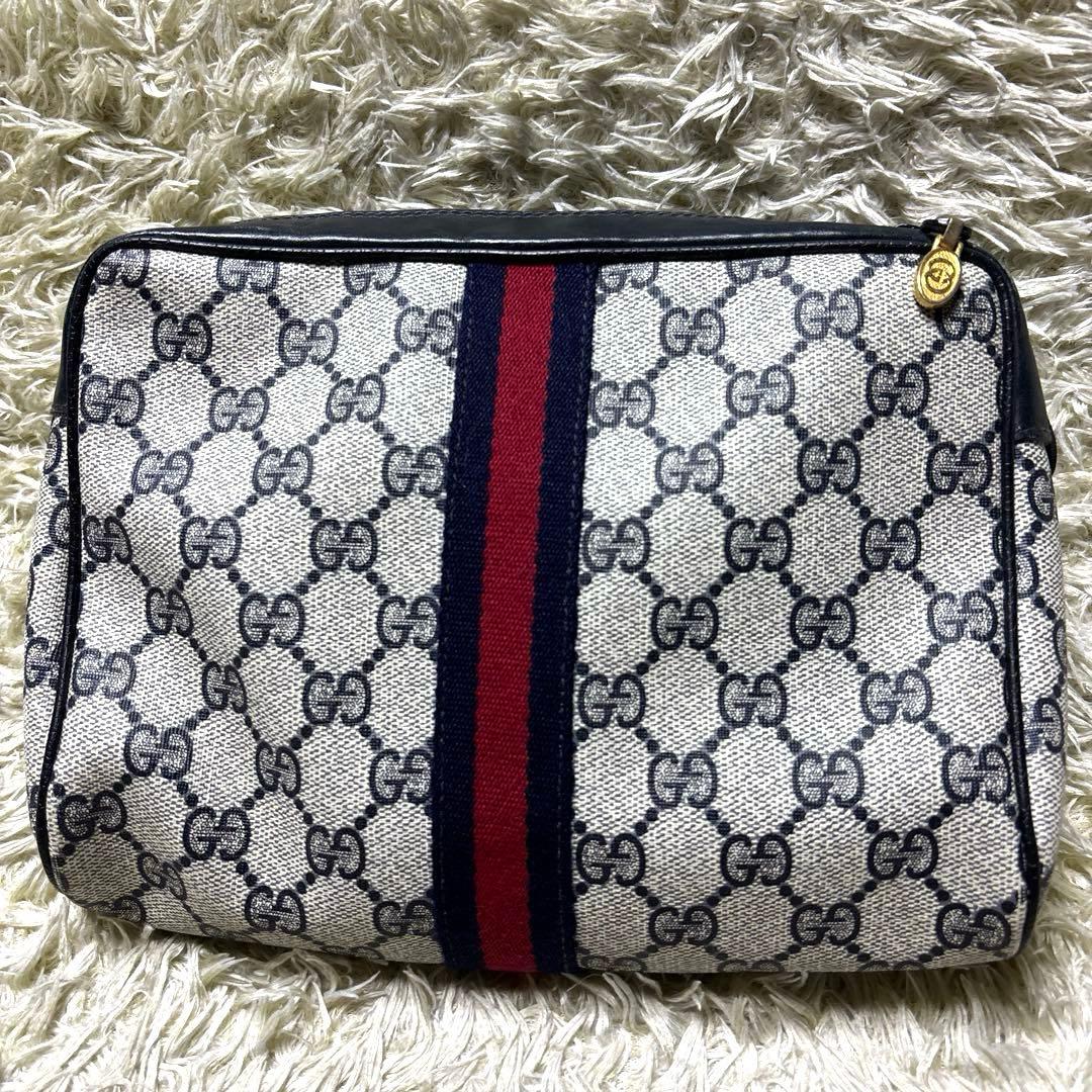 GUCCI オールドグッチ PVC クラッチバッグ GG ネイビー シェリー