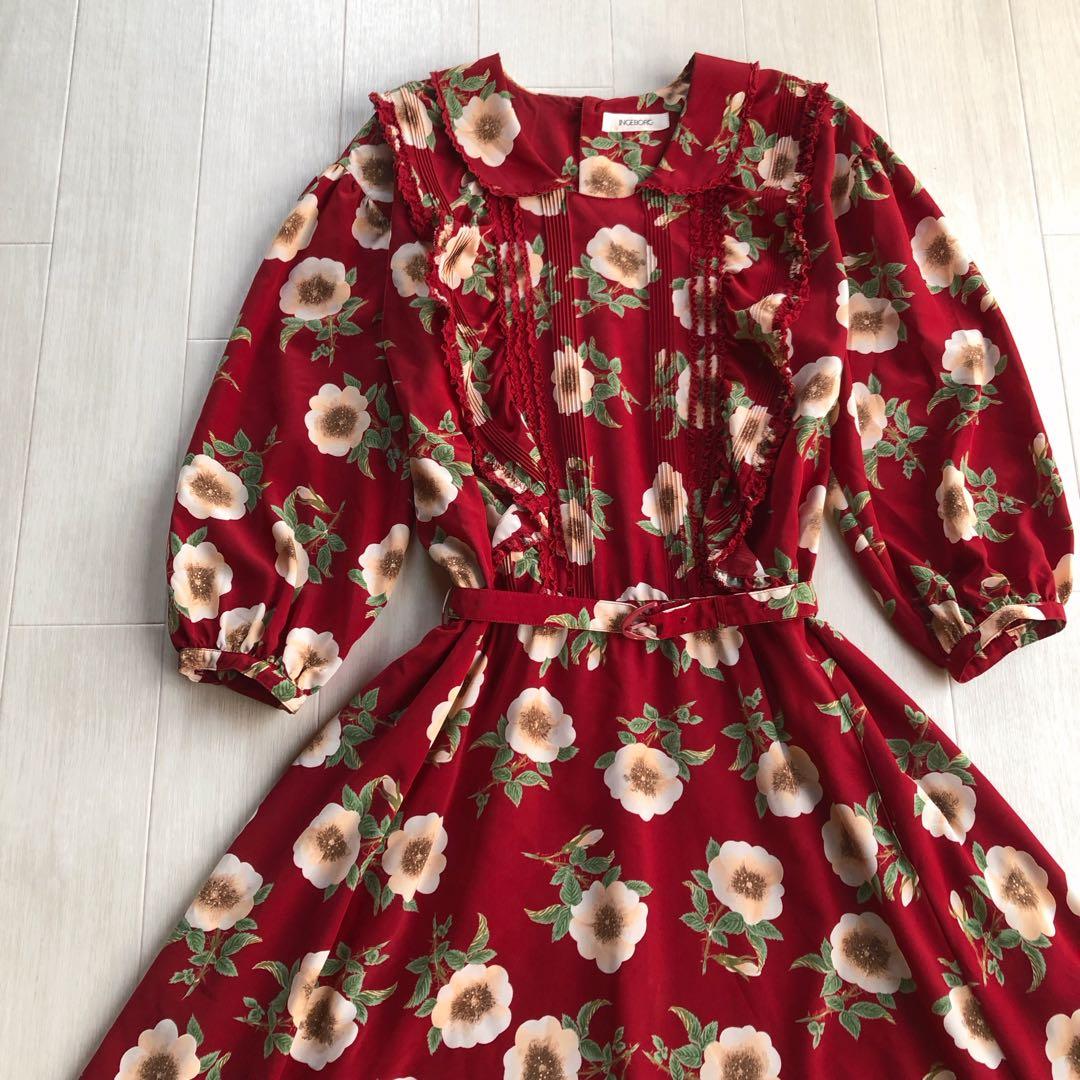 インゲボルグ 野薔薇 花柄 フリル レース 7分袖 ワンピース