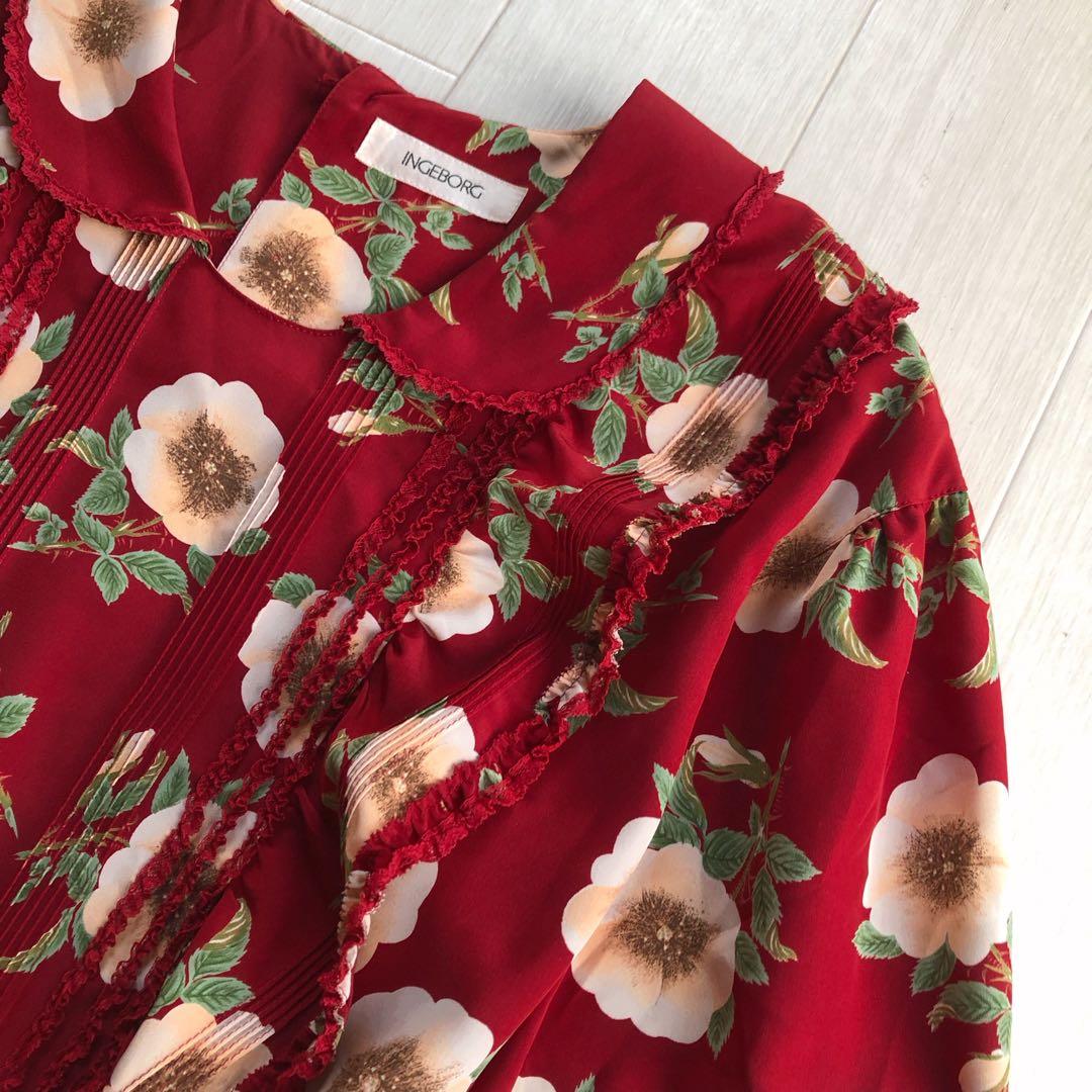 インゲボルグ 野薔薇 花柄 フリル レース 7分袖 ワンピース