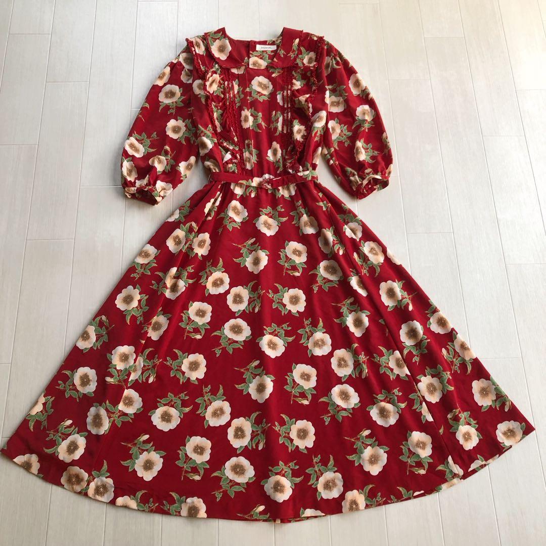 インゲボルグ 野薔薇 花柄 フリル レース 7分袖 ワンピース