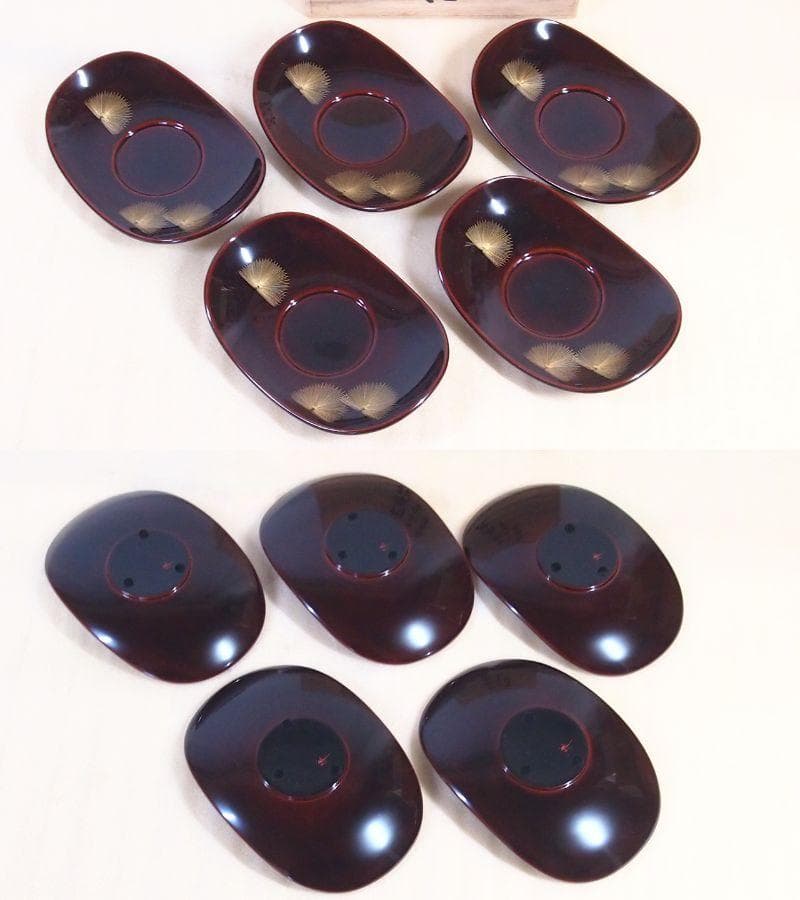 【未使用】輪島塗 東恒博 溜塗 寿松沈金 おもてなし揃5客 卓上膳/銘々皿/茶托