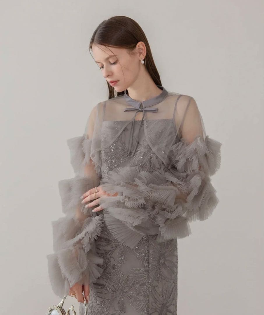 Leja フリルチュールスリーブリボンIラインワンピースドレス S タグ付き