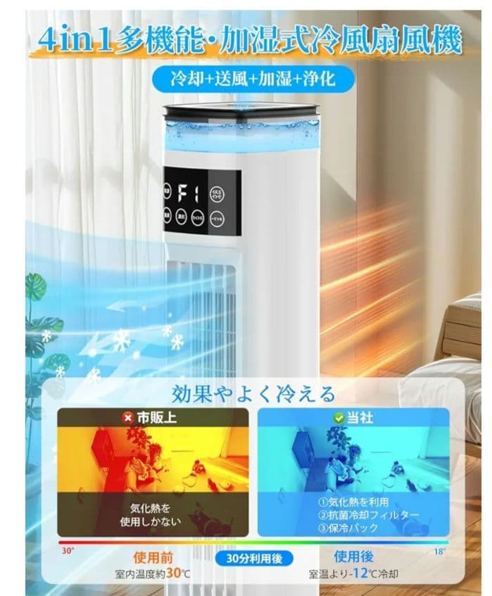 冷風扇 冷風扇風機 【スリムタワー型 ダブル水タンク】加湿機能