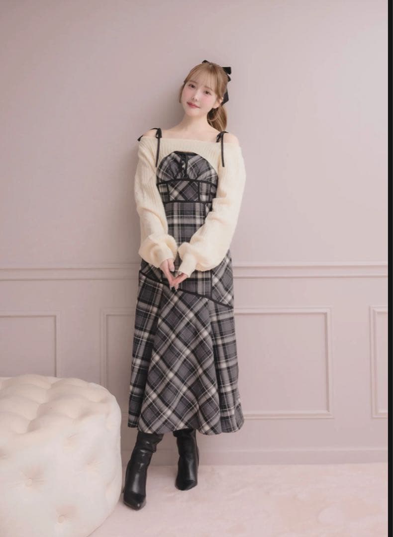 dolcelicheニットトップス×チェックワンピースセット