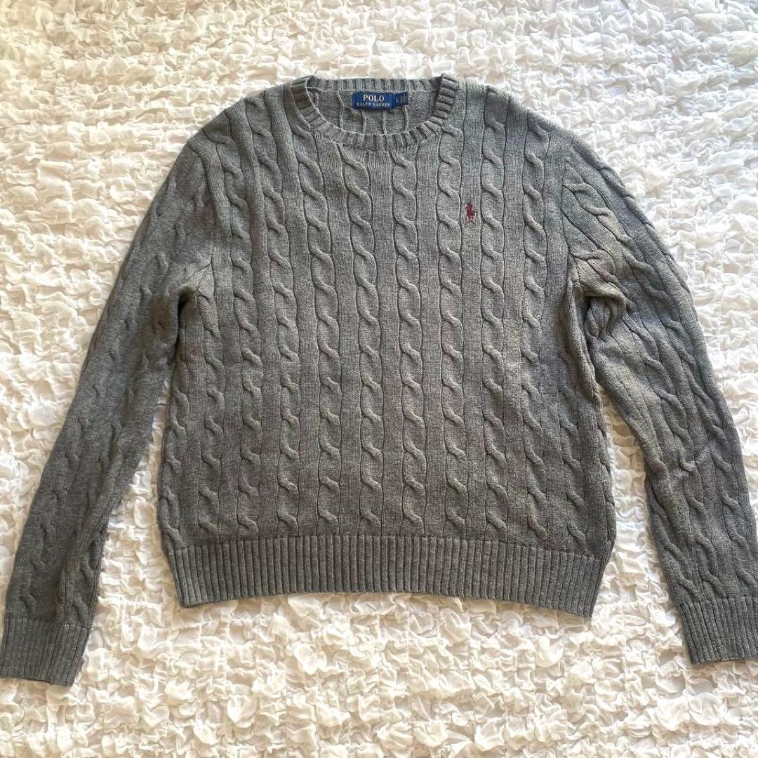 POLO RALPH LAUREN ケーブルニット グレー ロゴ刺繍 綿100％