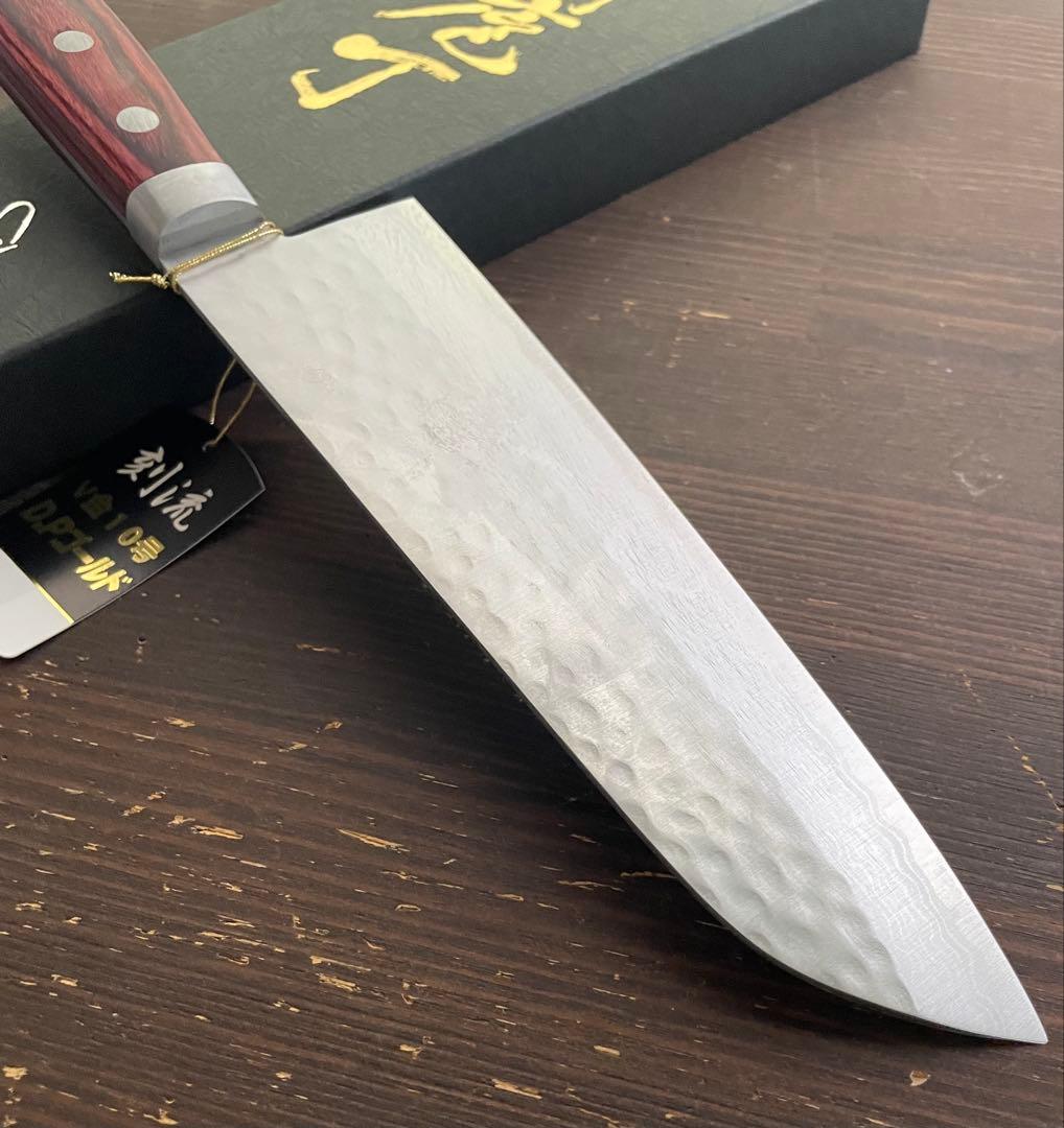 増谷刃物 訓平作 三徳包丁 VG10ステンレス 積層槌目 刻流 口金有 レッド柄