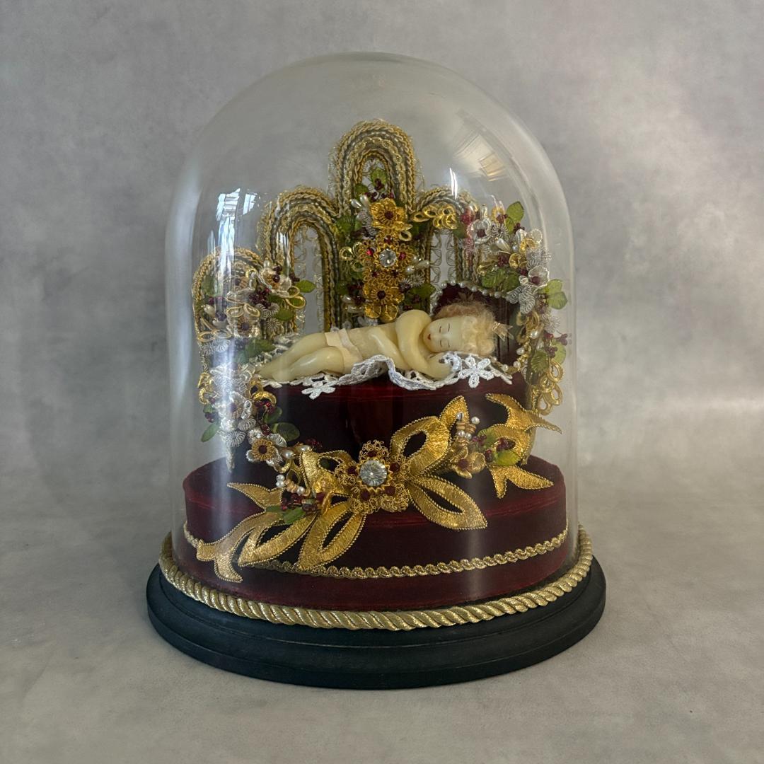 アンティーク 幼子イエス像 ガラスドーム入り フランス宗教工芸品