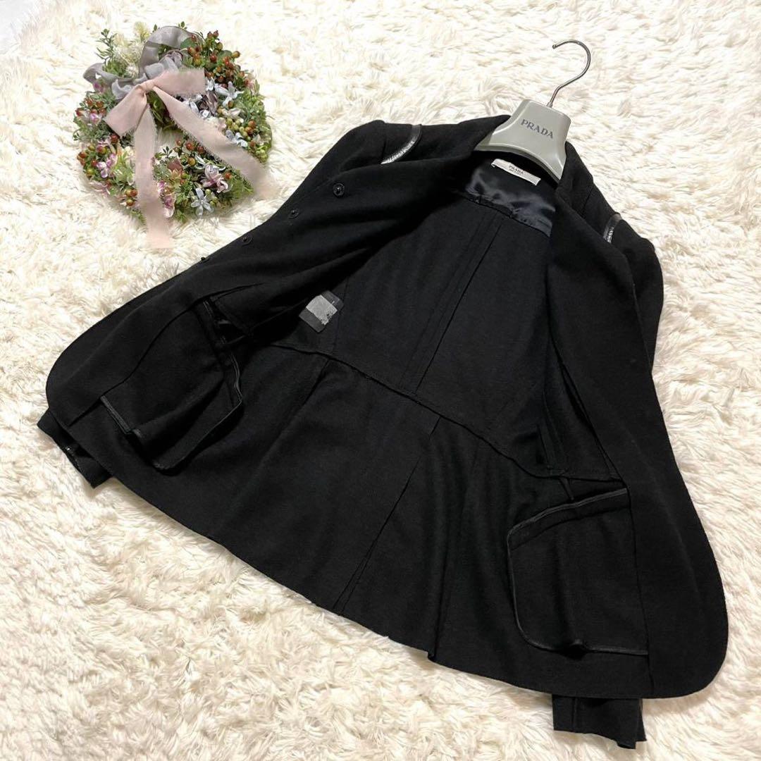 本物 プラダ エナメル パイピング ジャケット ブレザー 38 黒 PRADA