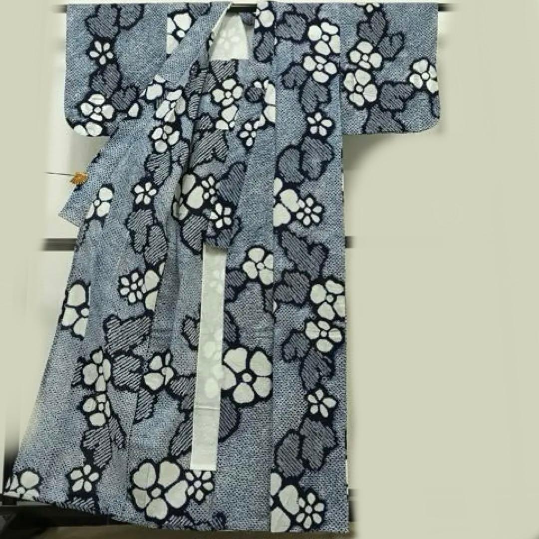 浴衣　有松絞り　三浦絞り　紺地ワントーン　有松成美絞り　綿　花文様