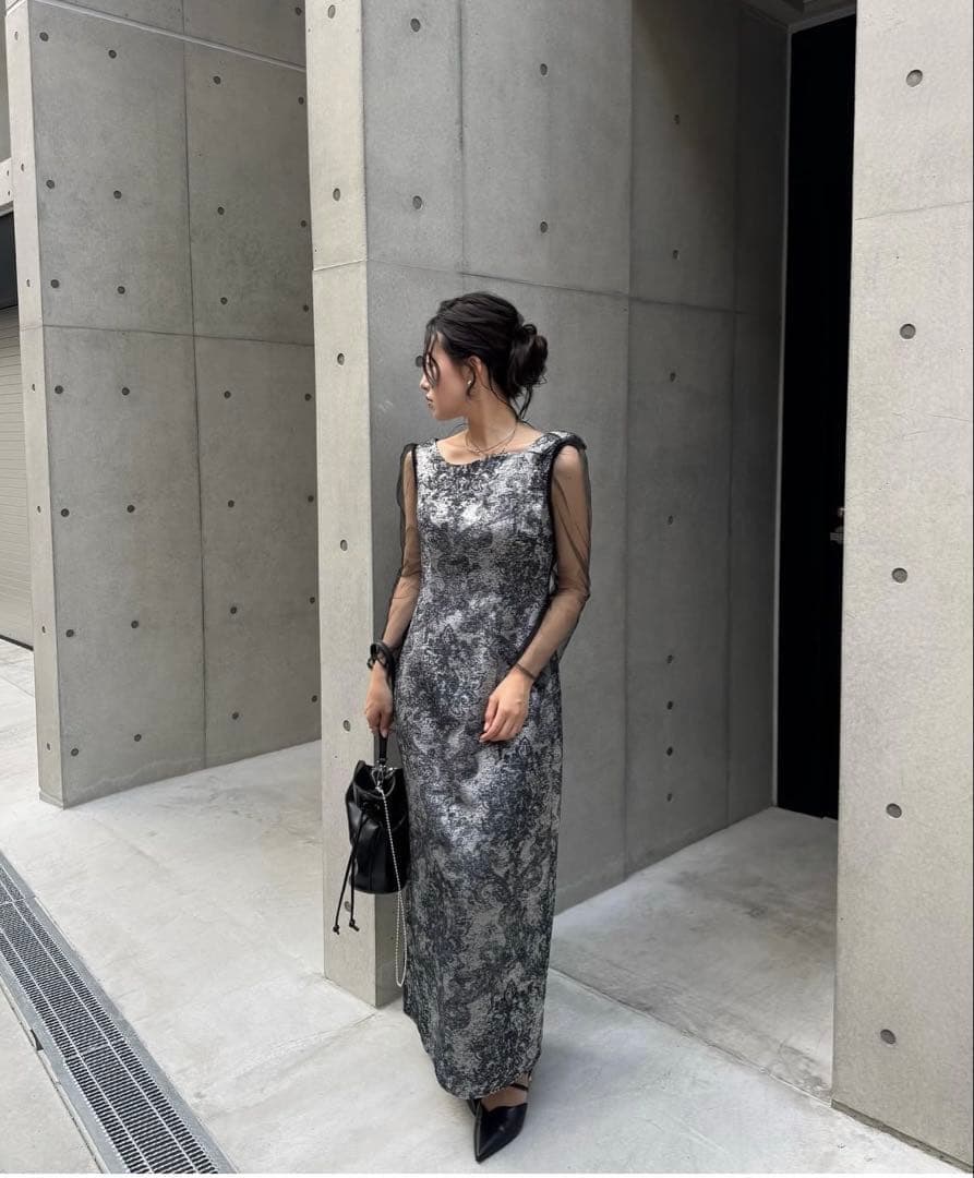 新品LERURE Shoulder ribbon jacquard dress