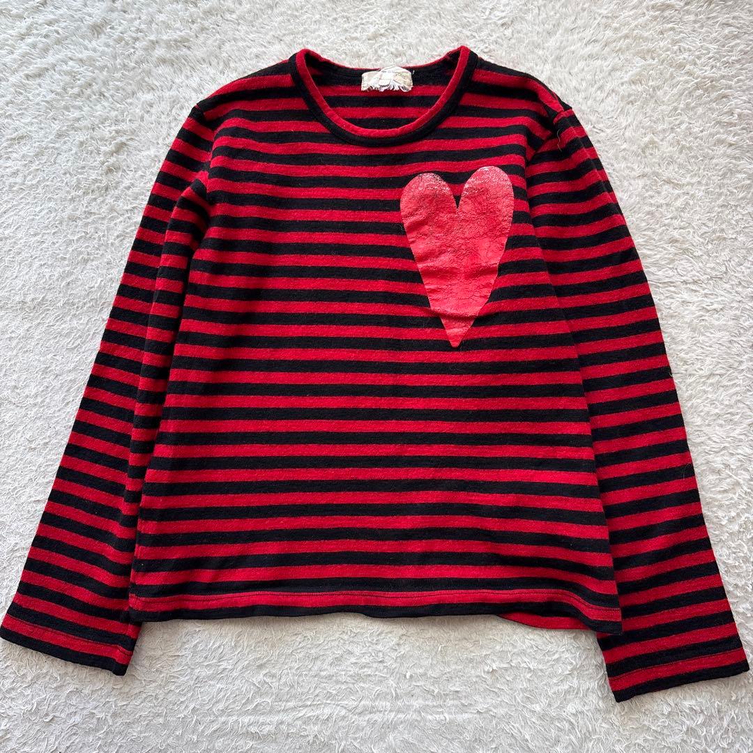 コムデギャルソン　ウールボーダーカットソー　ハートプリント　赤黒　AD2008