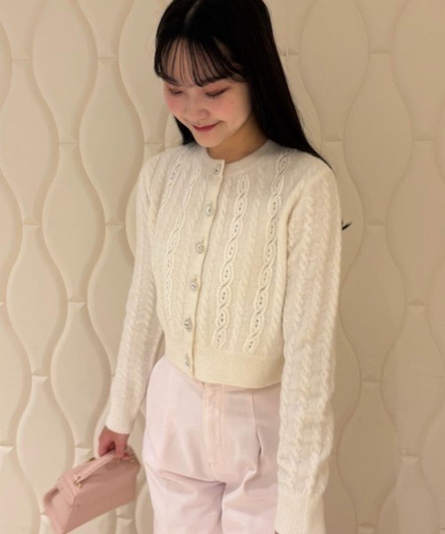 セルフォード 25SS アルパカ混 ケーブルレースデザインカーディガン 白