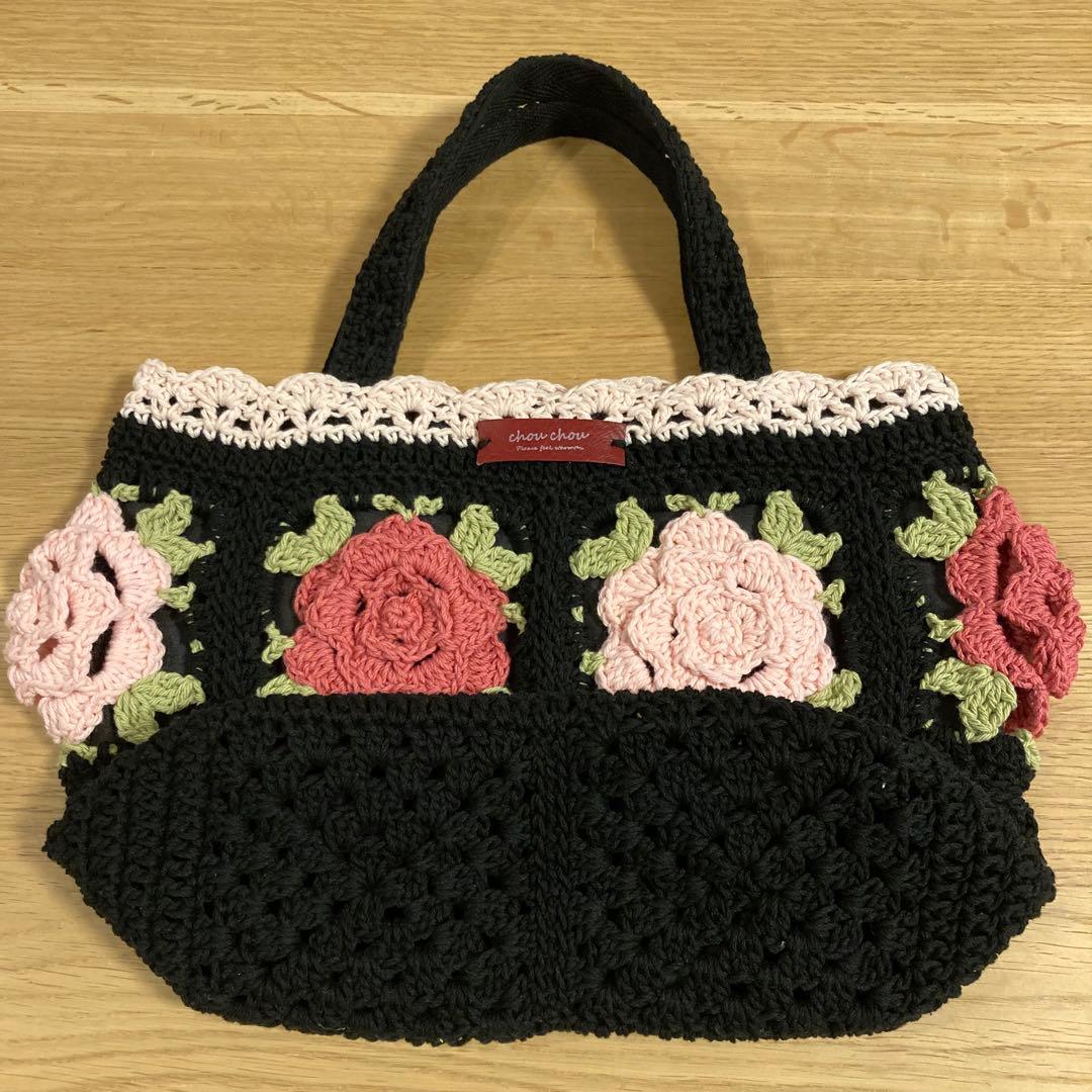 〈user_c7d7d101〉3点 黒 ピンクバラモチーフトートバッグ