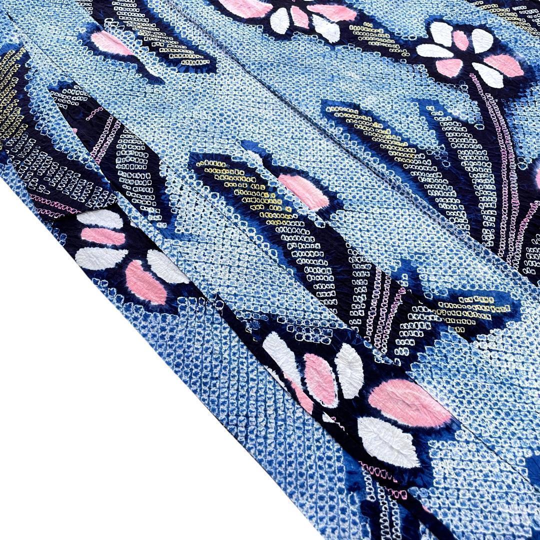 有松鳴海絞り 夏着物 浴衣 綿 菖蒲 水色 手縫い ビンテージ A-2390