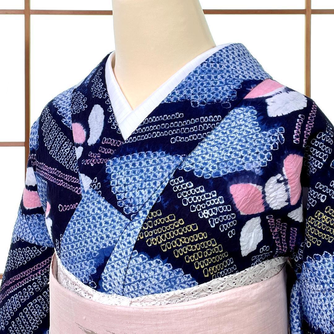 有松鳴海絞り 夏着物 浴衣 綿 菖蒲 水色 手縫い ビンテージ A-2390