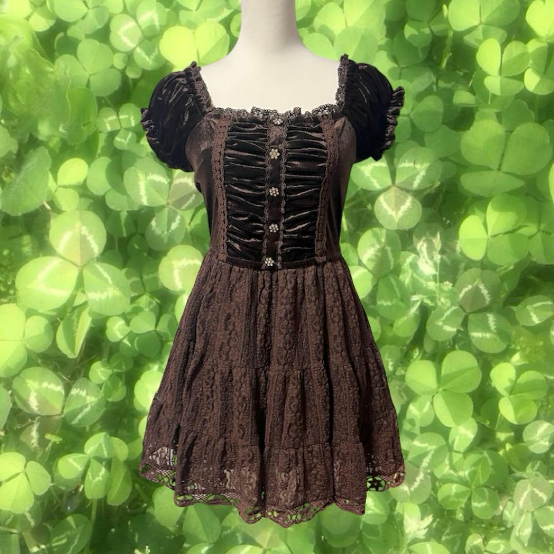 LIZLISA 希少 00sブラウン ベロア フリル レース ワンピース 半袖