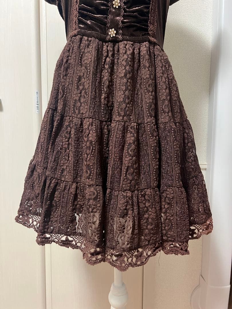 LIZLISA 希少 00sブラウン ベロア フリル レース ワンピース 半袖