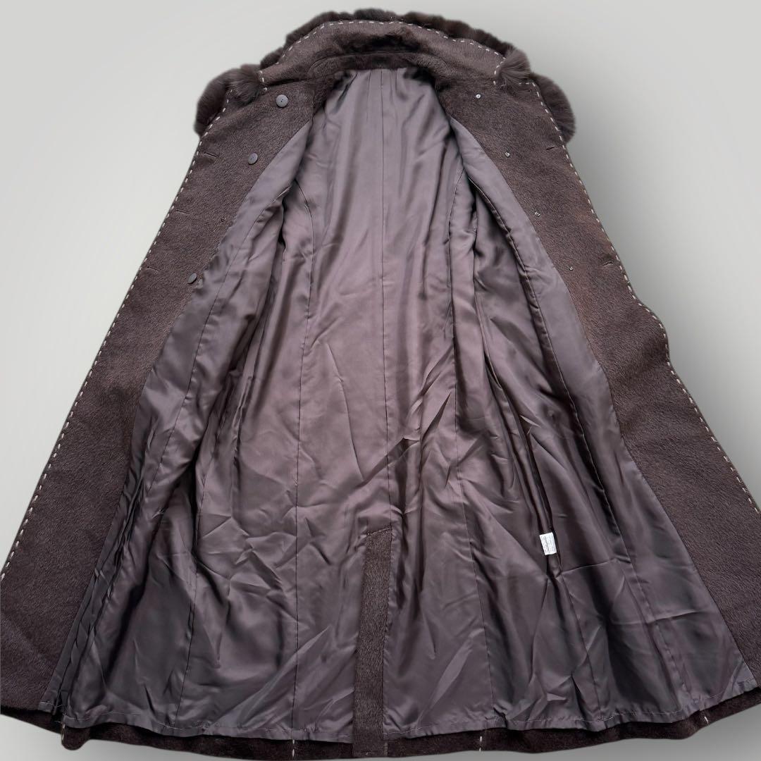 本毛皮☆フォックス アルパカ ベルテッドコート マキシ丈 120㎝ ブラウン