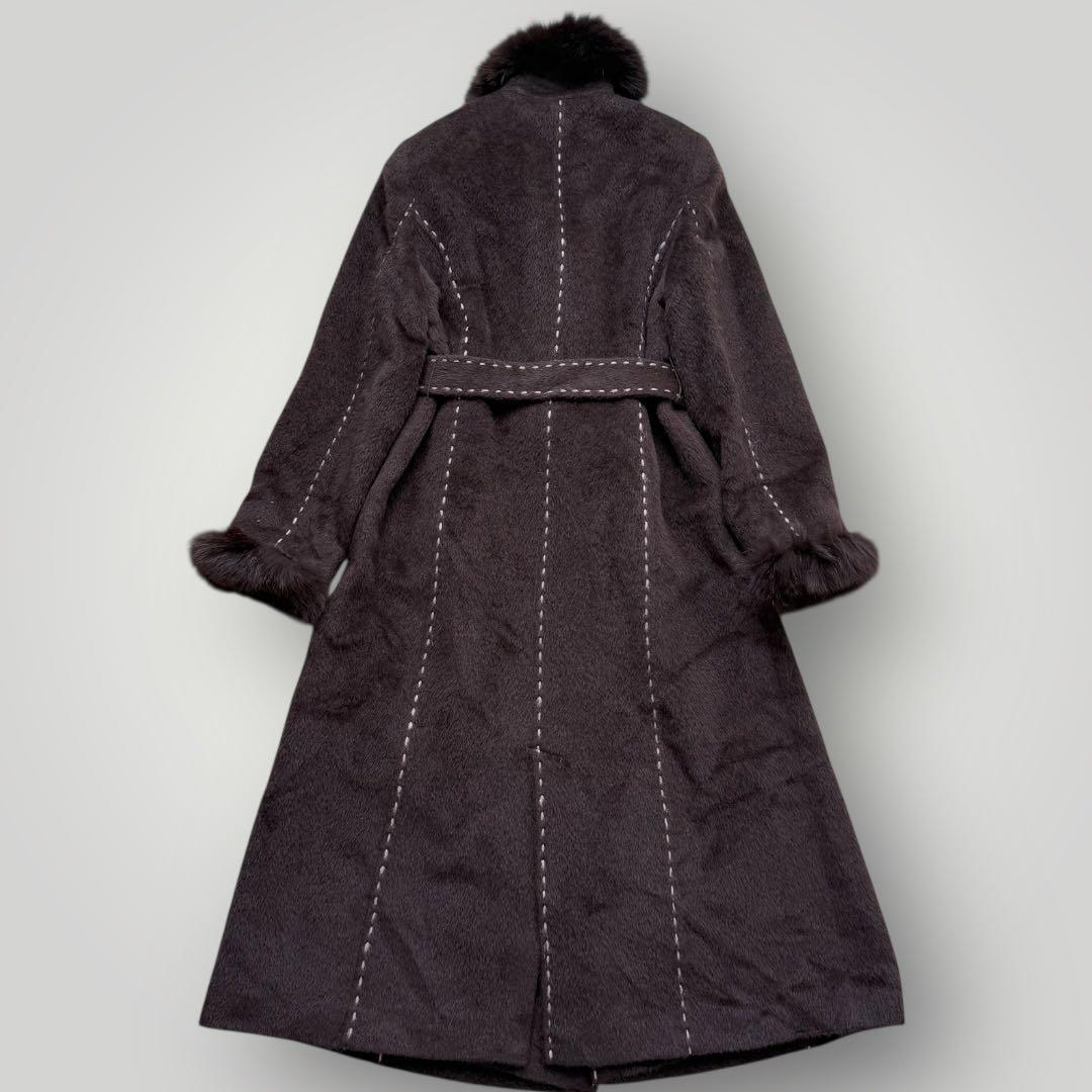 本毛皮☆フォックス アルパカ ベルテッドコート マキシ丈 120㎝ ブラウン