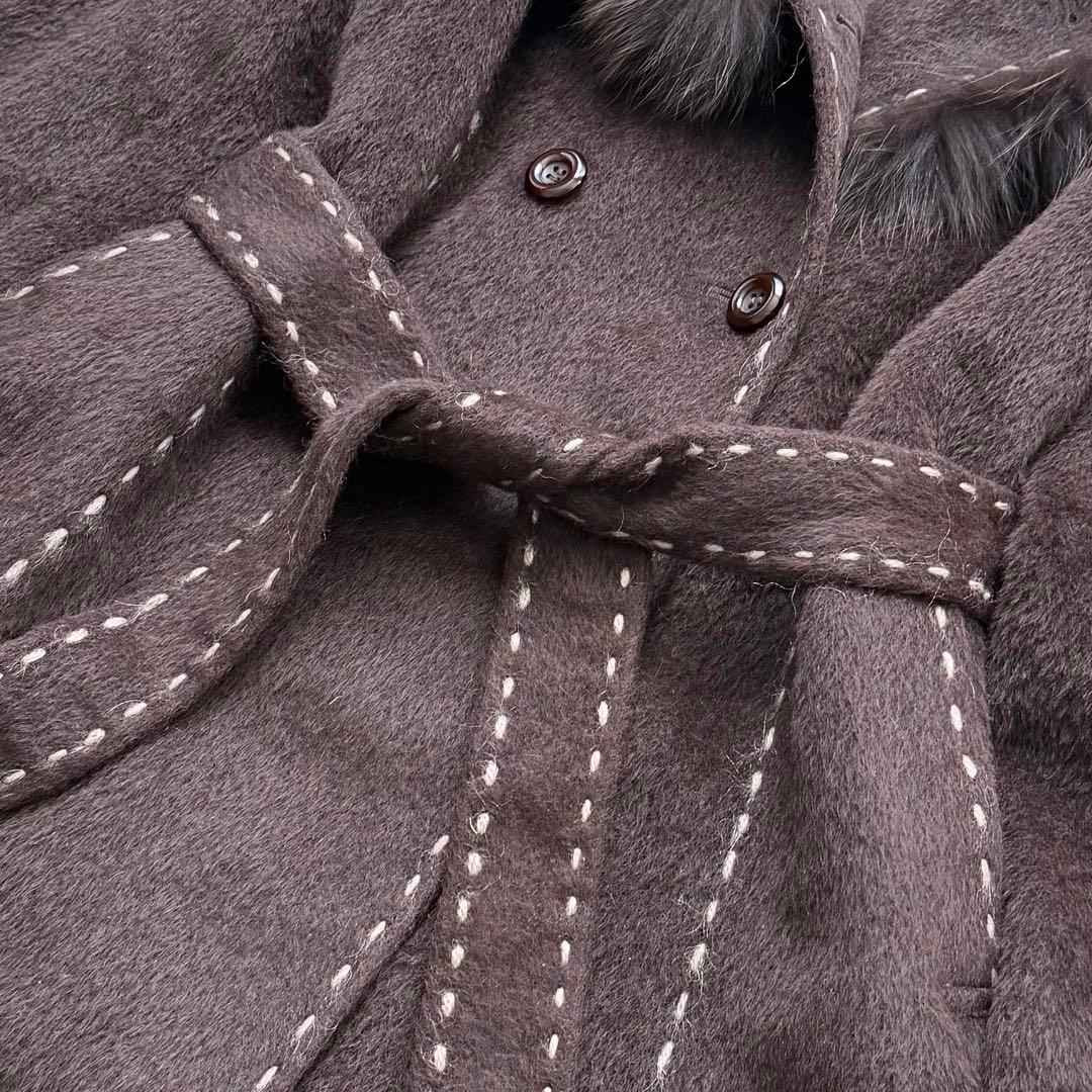 本毛皮☆フォックス アルパカ ベルテッドコート マキシ丈 120㎝ ブラウン