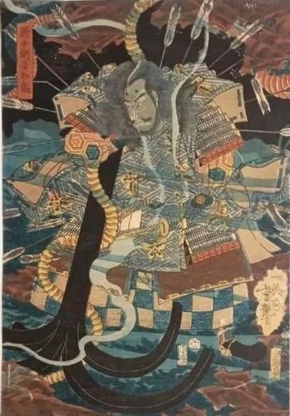 浮世絵版画、八島壇之浦海底之圖三枚綴り真ん中1枚売り。歌川芳艶画、安政5年出版
