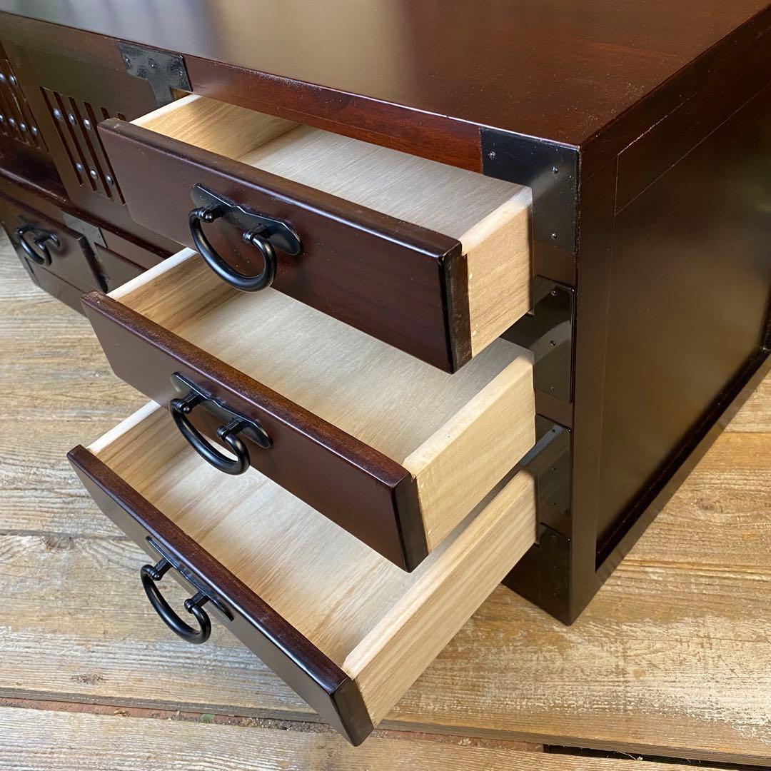 民芸家具桐材天然無垢和引き戸付きチェスト横長テレビ台飾り棚収納総桐和箪笥