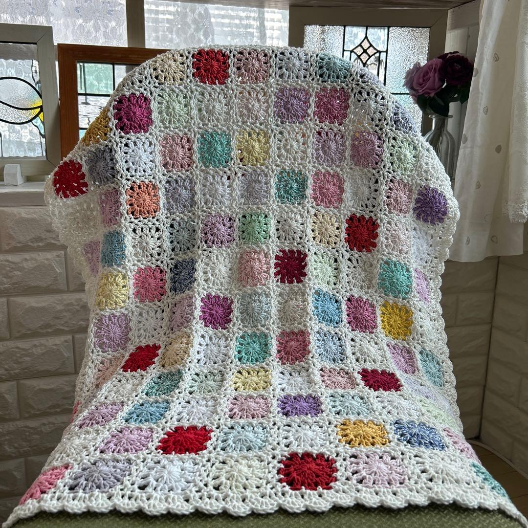モチーフ編み パッチワーク かぎ針編み マルチカバー ブランケット コットン