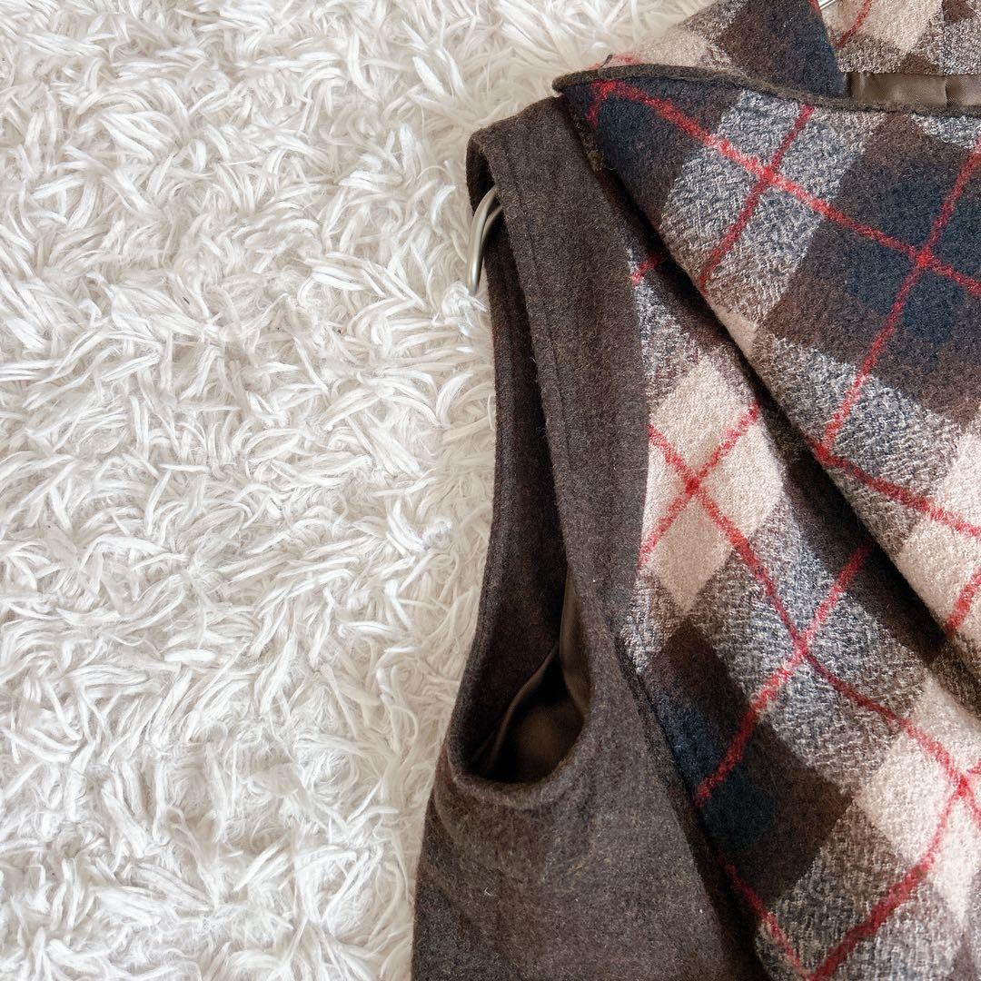 美品⁂センソユニコ⁂ロングチュニックベスト　ビッグカラー　アシメ　チェック切り替