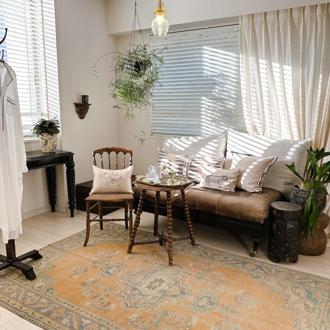 トルコ ヴィンテージラグ A115 大判 ペールオレンジ ターコイズ ブルー